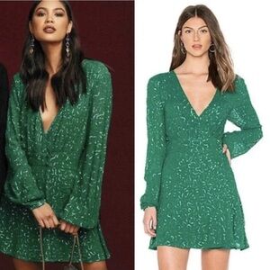 Show Me Your MuMu Emerald Green Beaded Sequin Long Sleeve Mini Dress XS